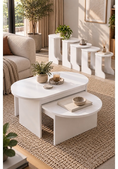 Sulorahome Orta Ve Zigon Sehpa Seti Beyaz 5'li Set
