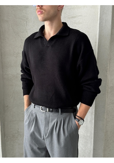 Erkek Polo Yaka Örme Oversize Kazak Siyah
