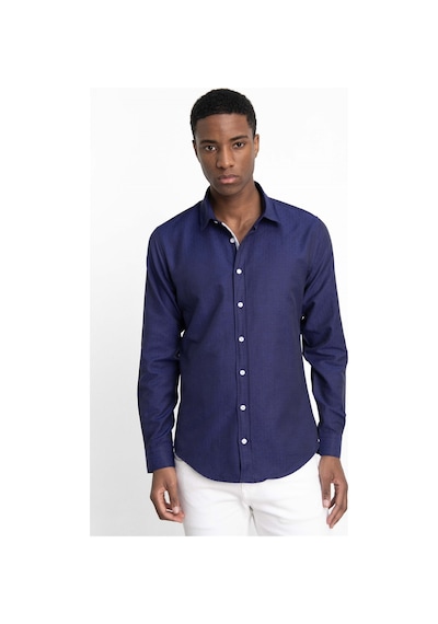 Tudors Slim Fit Uzun Kol Oxford Doku Armürlü Biyeli Erkek Gömlek-26938-Lacivert