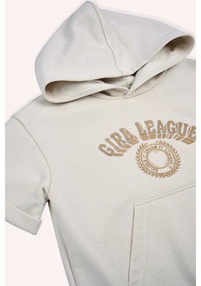 Kız Çocuk Kapüşonlu Kısa Kollu Ön Bedeni Simli Nakışlı Cepli Bej Sweatshirt Çok Renkli 2511GK08002