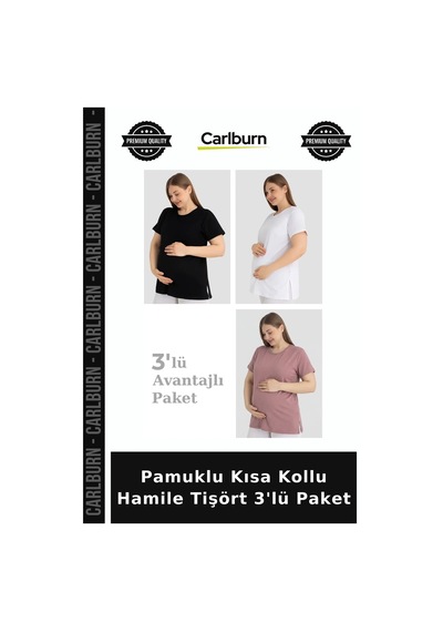 Carlburn Premium Pamuklu Kısa Kollu Hamile Tişört 3'lü Paket Anne Giyimi Yumuşak Doku Esnek Bluz Gül Kurusu Beyaz Siyah