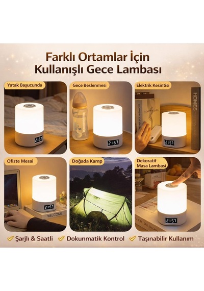 Coofbe Parlaklık Ayarlı Şarjlı Saatli Masa Lambası Gece Lambası Led Göz Korumalı Masaüstü Saat Gece Lambası Beyaz