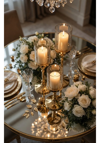 Lumina Gold Royale Şamdan Seti Sırasıyla 39 - 34 - 29cm / Dekoratif Masa Şamdanı Salon & Yemek Masası Mumluk Eskitme Gold