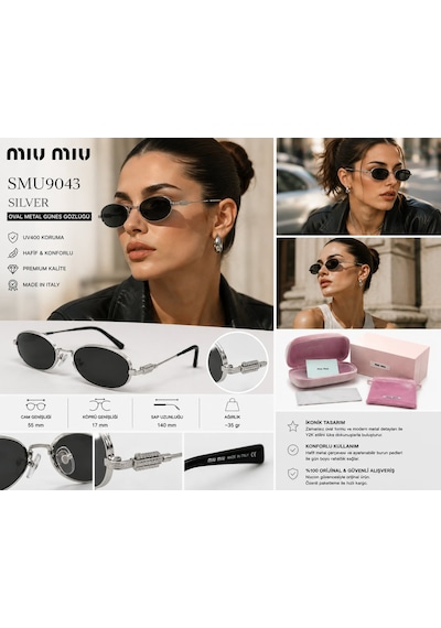Miu Miu Smu9043 Kadın Güneş Gözlüğü Metal Çerçeve Füme Cam Made İn Italy - Silver Altın