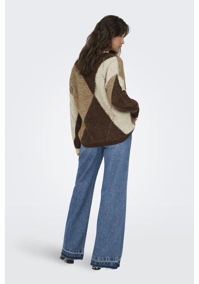 Only Noeme Life Jacquard V-neck Kadın Triko Hırka Jakarlı V Yaka Cardigan Kahverengi