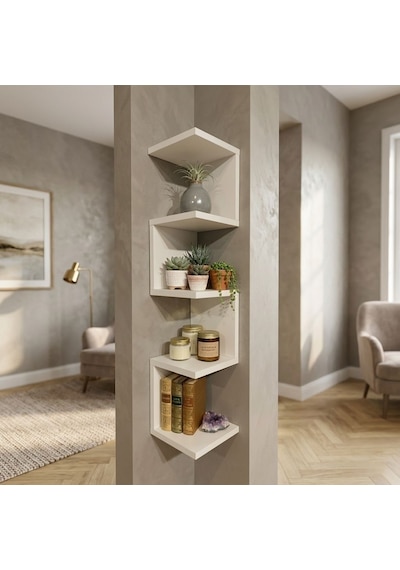 Bicabin Bicabin Dekoratif Ahşap Modern Zigzag Köşe Duvar Rafı Organizer