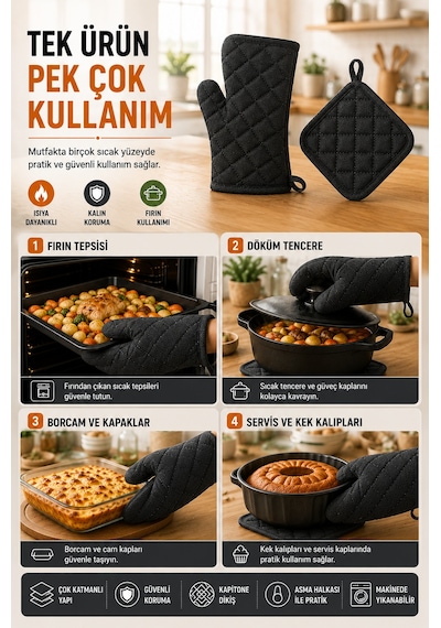 Antrasit Fırın Eldiveni Ve Tutacak Seti Isıya Dayanıklı Kapitone Mutfak Eldiveni Fırın Tutacağı Gri Renk.