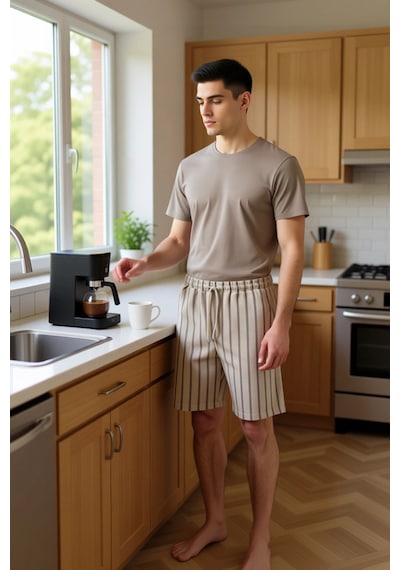 Frm Erkek Çizgili Regular Fit Pijama Seti Fonksiyonel Dayanıklı Kalit Bej