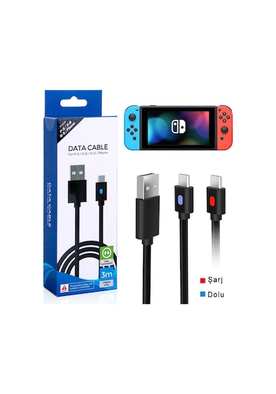 Switch Şarj Kablosu 3 Metre Led Göstergeli Ns Oyun Konsolu Type-c Örgü Kablo