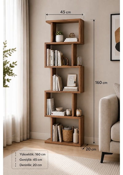 Tulsa Ceviz Rengi Dekoratif Kitaplık Ve Çok Amaçlı Raf Ünitesi Modern Salon Ve Ofis Kitaplığı