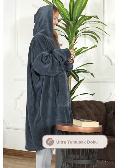 Elart Enjoy Tv Battaniyesi Wellsoft Kapüşonlu Giyilebilir Unisex Over Size 80x110 Cm Antrasit Antrasit