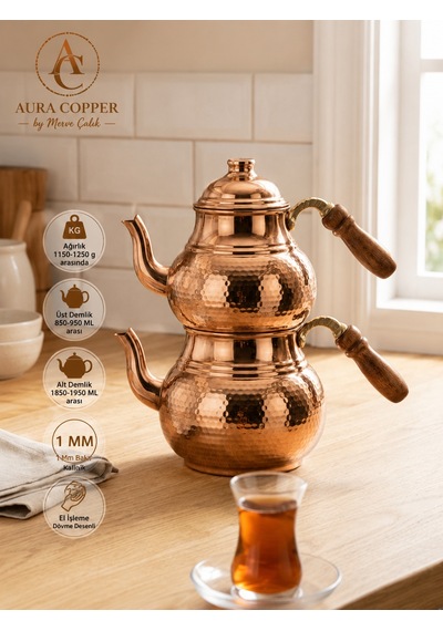 Aura Copper El İşlemeli Bakır Çaydanlık Seti 1 Mm Üst 850-950 Ml Alt 1850-1950 Ml 27 Cm Parlak Bakır