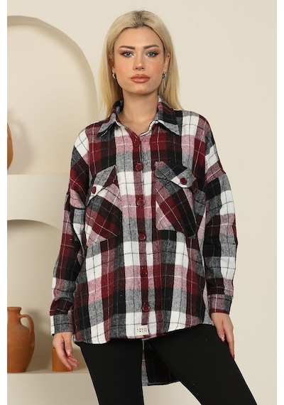 Nurneva Oduncu Kumaş Ekose Desen Oversize Gömlek Bordo-bordo Bordo