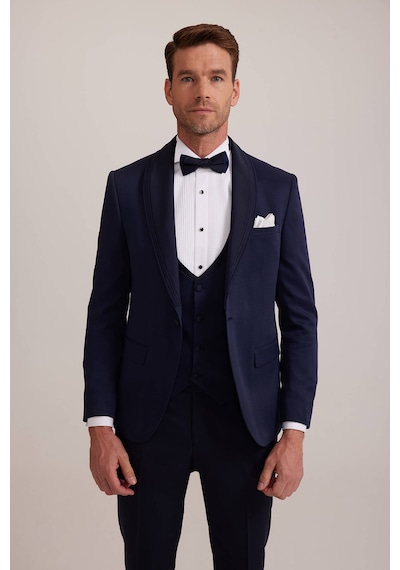 Ysf Erkek Lacivert Slim Fit Şal Yaka Yelekli Damatlık