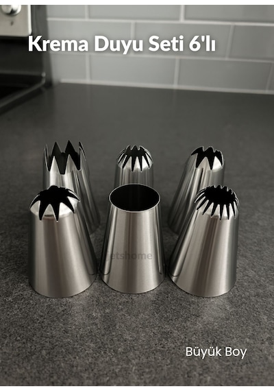 Büyük Boy 6 Lı Yıldız Uçlu Krema Duy Seti Metal Pasta, Cupcake Ve Kurabiye Krema Duyu Süsleme Ucu Metalik Gri