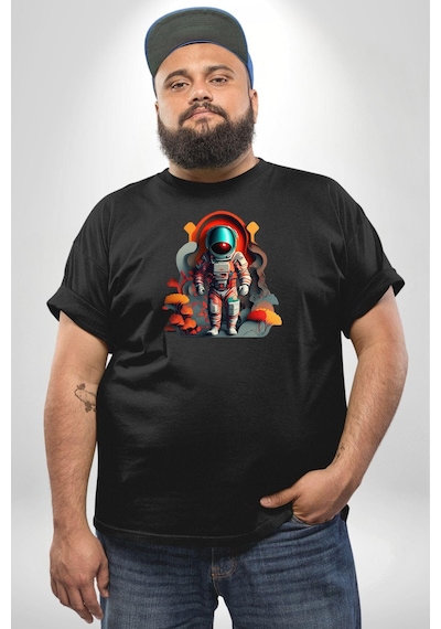 Angemiel Astronot Yapay Zeka Yürüyüş Siyah Büyük Beden Erkek Kadın Unisex Basic Ön Baskılı Tişört Siyah