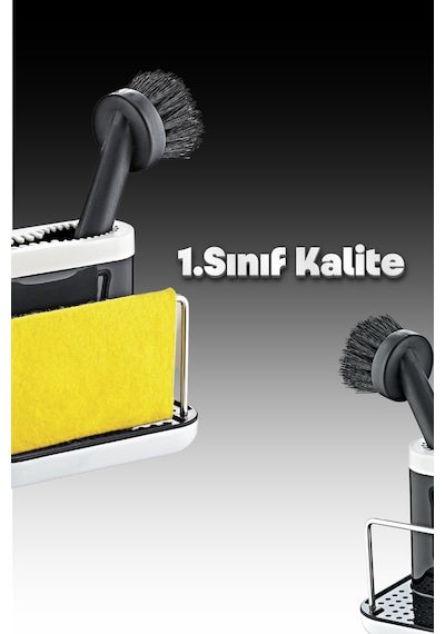 Grimorlife Fırçalı Telli Mutfak Seti Siyah- Standlı Plastik Mutfak Lifli Sünger Hediyeli Siyah