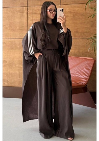 Neşeli Butik Kadın Kahve Şerit Detaylı Oversize Tunik Pantolon İkili Tesettür Takım Nms102 Kahverengi