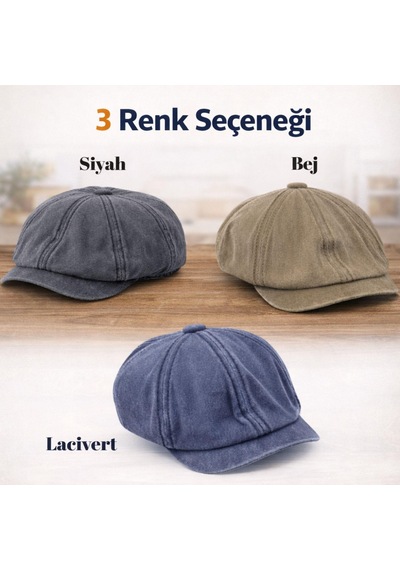 Perlotus Erkek İngiliz Kasket Şapka 8 Parça Yıkamalı Pamuk Kumaş Arka Lastikli Standart Beden BEJ