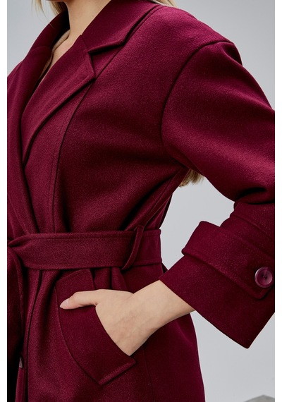 Bordo Kuşaklı Oversize Kaşe Kaban Bordo
