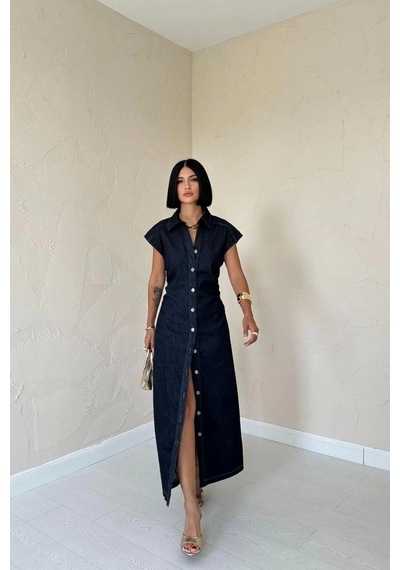 Defymoda Mavi Kolsuz Vatkalı Elbise Mavi