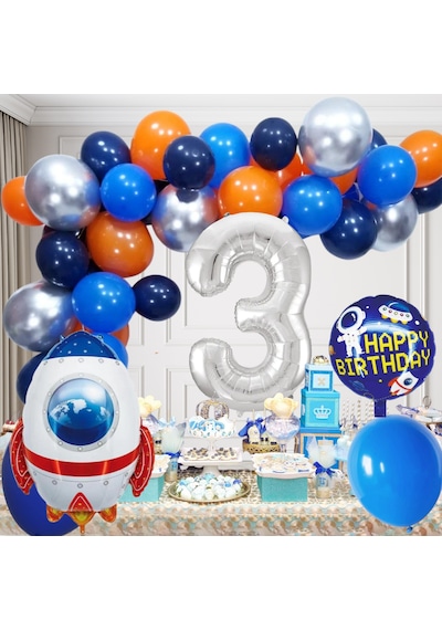 3 Yaş Uzay Temalı Doğum Günü Seti Uzay Mekiği Happy Birthday Yazı Renkli Balonlar Gümüş Folyo Rakam Çok Renkli