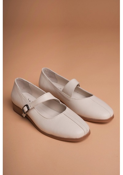 Analin Shoes Kadın Hakiki Deri Toka Detaylı Babet Krem