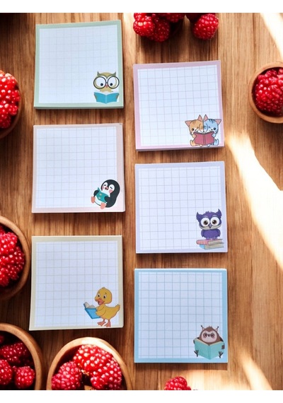 8x8 Desenli 6 Lı Set Memopad Bloknot Planlayıcı Sevimli Hayvanlar Baykuş,penguven,kedi,ördek,yarasa Çok Renkli