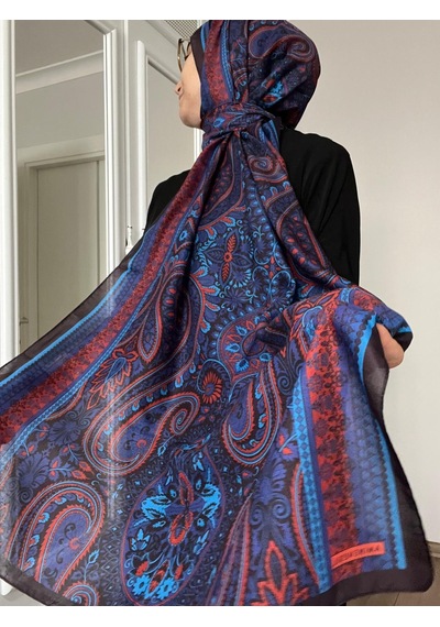 Modakaşmir Aminenesil Etnik Desen Soft Pamuk Şal Saks Mavisi Kırmızı Renk Açık Saks Mavi