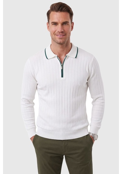 Deepsea Erkek Slim Fit Tüylenmeyen Çizgi Dokulu Beyaz Triko Kazak Fermuarlı Polo Yaka 2700401 Deepsea Erkek Slim Fit Tüylenmeyen Çizgi Dokulu Beyaz Triko Kazak Fermuarlı Polo Yaka 2700401