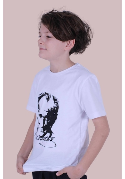 Panios Kids Atatürk Imzalı Ve Baskılı Unisex Çocuk Beyaz Tişört Beyaz