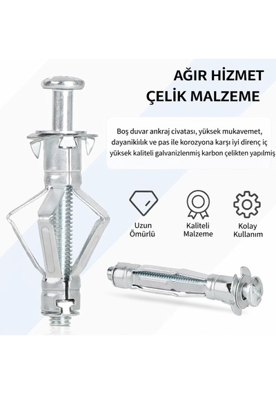 4x46 Metal Paraşüt Dübeli Alçıpan, Çelik, Tuğla & Bims Duvar Uyumlu Boşluk Dübel 5 Adet
