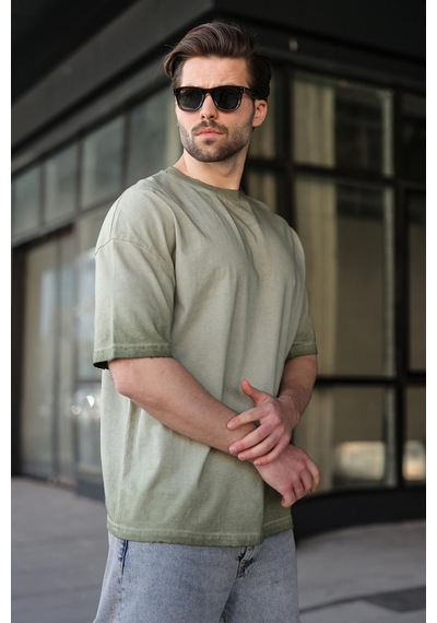 Madmext Haki %100 Pamuklu Bisiklet Yaka Oversize Erkek Tişört E7177 Haki