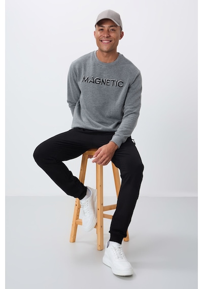 Tommy Life Gri Melanj Yazı Nakışlı O Yaka Rahat Form İçi Polarlı Erkek Sweatshirt - 88020 GRİ MELANJ