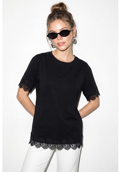 Shade Kadın Bisiklet Yaka Dantel Detaylı Oversize T-shirt 2134 60286120 - Siyah