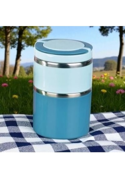 Tohana Kulplu Çelik Sefer Tası - Yemek Termosu Saklama Kabı 2 Katlı Mavi 930 Ml. Mavi