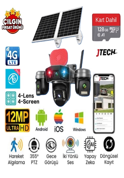 O-kam Ok-336 Premium 4g 12mp Sim Kartlı Solar Panelli Çakarlı 4 Lens 1 Ptz Akıllı Kamera + 128gb Sd Kart Dahil