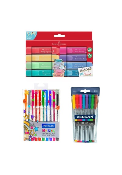 Üçlü Bullet Journal Ve Not Tutma Seti Faber Castell 8'li Pastel Fosforlu + Pensan Myking 10'lu Simli + Pensan Triball 1.0 Tükenmez Kalem 8'li Çok Renkli