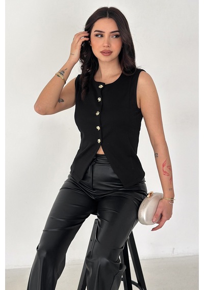 Noa & Noa Kadın Altın Düğme Detaylı Kolsuz Bluz Button Edge Siyah