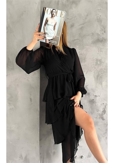 Dip Moda Kadın Astarlı Eteği Kat Kat Şifon Elbise Dpk2041 Siyah