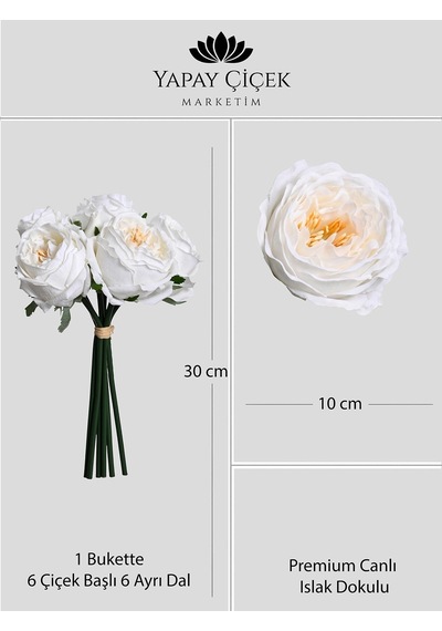 Beyaz Yapay Lüx Şakayık Çiçeği Buketi 6 Dallı Premium Canlı Islak Dokulu 30 Cm