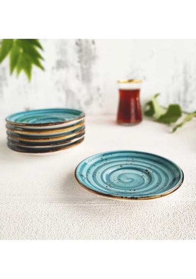 Madam İzmir Winter 6'lı Siyah Çay Tabağı - Modern Spiral Desenli Şık Sunum Tabağı Turkuaz