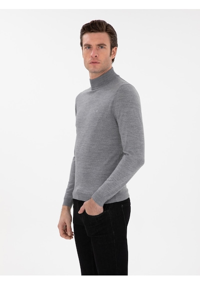 Cacharel Füme Slim Fit Yün Karışımlı Yarım Balıkçı Yaka Basic Triko Kazak Gri