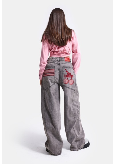Kadın Füme 4w6-13 Mega Baggy Tt18 Chery Nakış Özel Tasarım Denim Jean