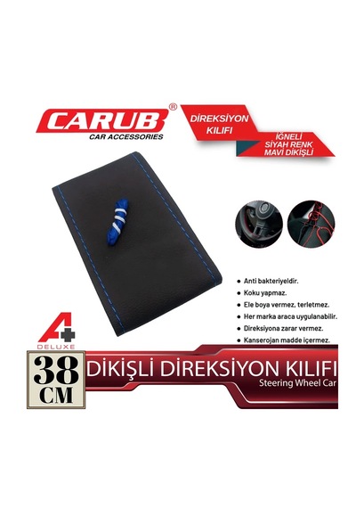 Direksiyon Kılııfı İğneli 38cm Delüx Siyah Mavi Dikişli