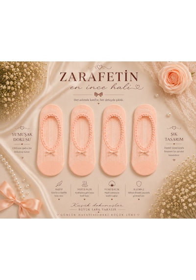 Çorap Vitrini 4'lü Paket Dantelli Babet Çorabı - Fiyonklu Kaymaz Silikonlu Patik Çorap Pembe