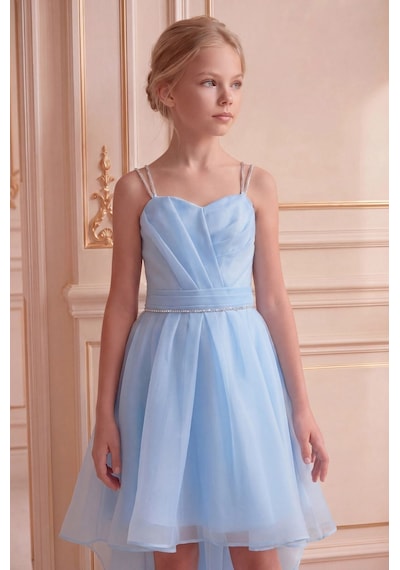 Butik Happy Kids Kız Çocuk Abiye Bebemavi Taş Kordon Askılı Kalp Yaka Kuyruklu Şifon Abiye Elbise 10-15 Yaş Bebe Mavi