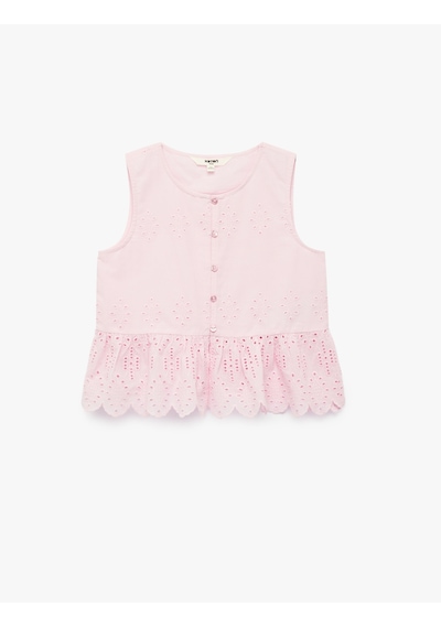 Koton Fırfırlı Bisiklet Yaka Brodeli Pamuklu Bluz Pembe 6skg60049aw Gül