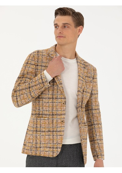 Cacharel Sarı Slim Fit Ekose Yün Karışımlı Spor Ceket Sari