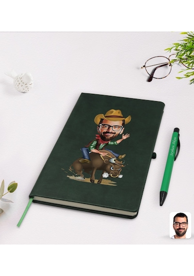Kişiye Özel Rodeo Karikatürlü Yeşil Termo Deri Defter Kalem Seti